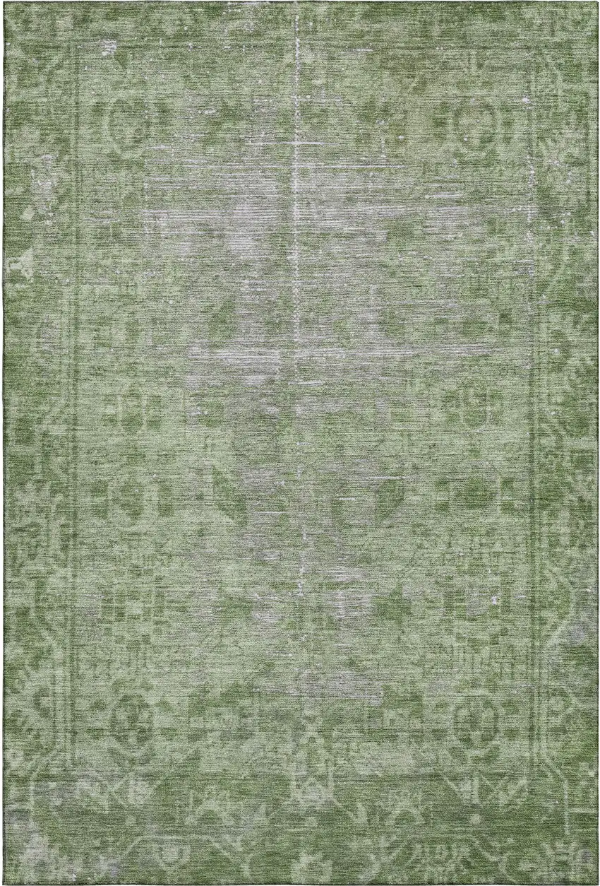 8' Fern Green And Silver Oriental Washable Area Rug With UV Protection Photo 1