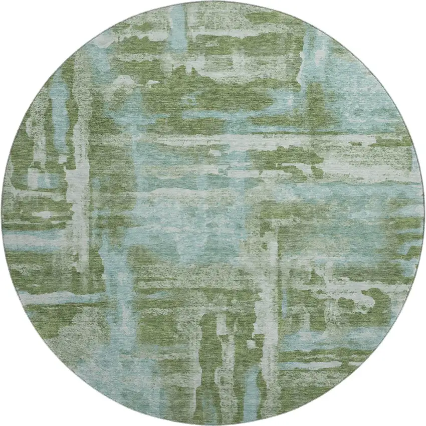 8' Fern Green And Sky Blue Abstract Washable Round Rug With UV Protection Photo 1