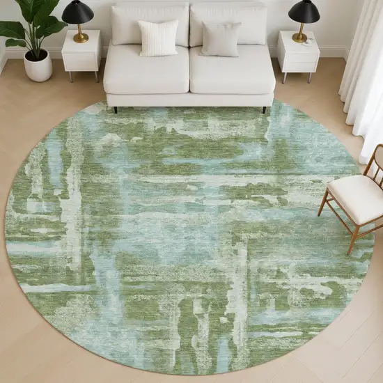 8' Fern Green And Sky Blue Abstract Washable Round Rug With UV Protection Photo 5