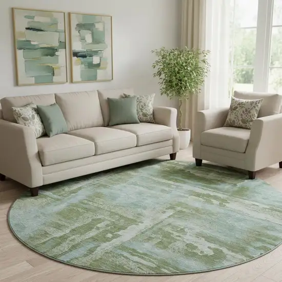 8' Fern Green And Sky Blue Abstract Washable Round Rug With UV Protection Photo 2