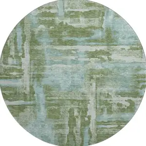 Photo of 8' Fern Green And Sky Blue Abstract Washable Round Rug With UV Protection