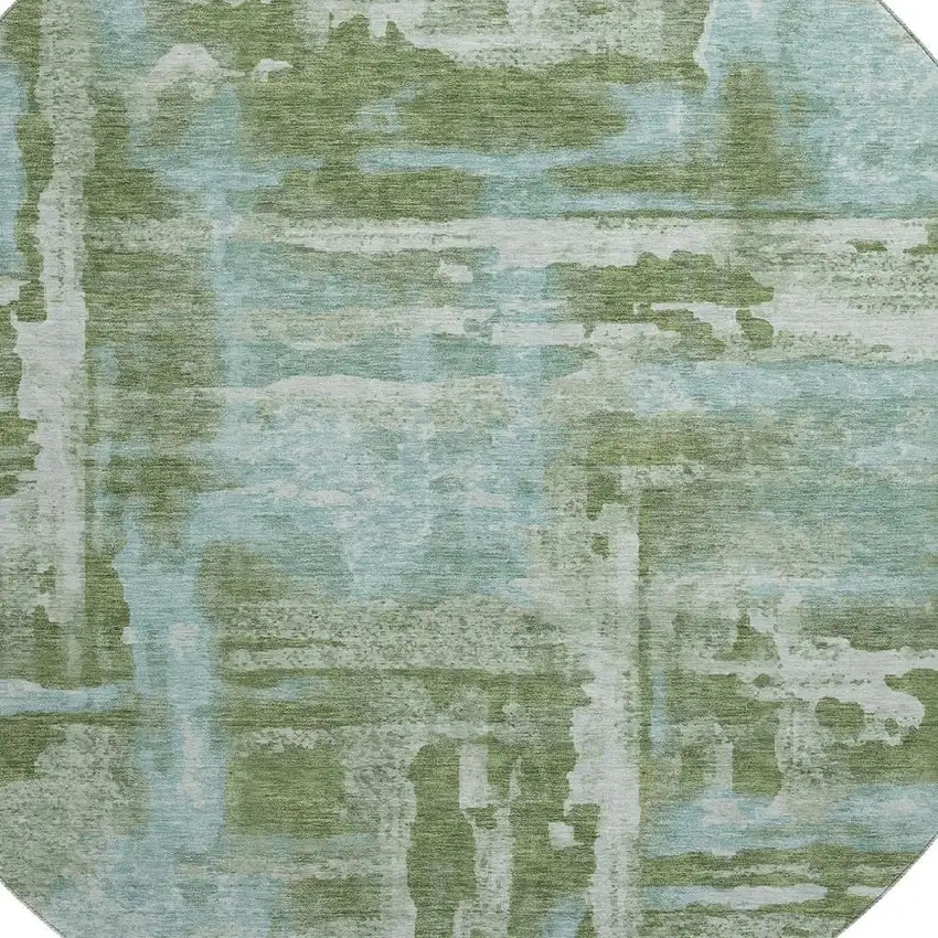 8' Fern Green And Sky Blue Abstract Washable Round Rug With UV Protection Photo 3