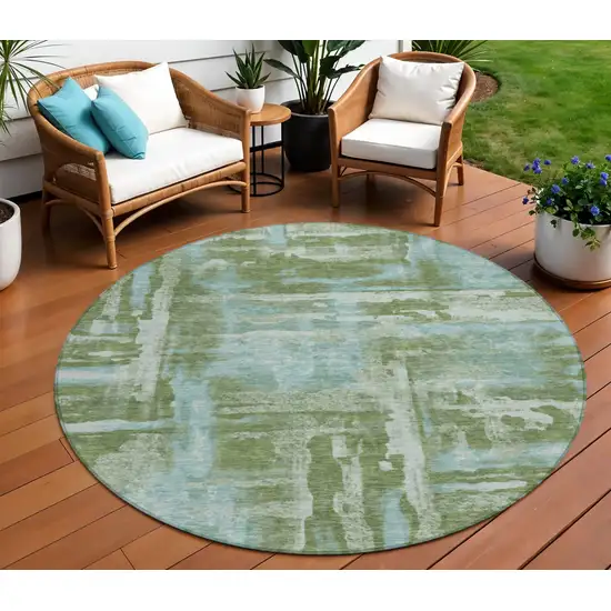 8' Fern Green And Sky Blue Round Abstract Washable Indoor Outdoor Area Rug Photo 2