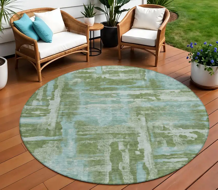 8' Fern Green And Sky Blue Round Abstract Washable Indoor Outdoor Area Rug Photo 2