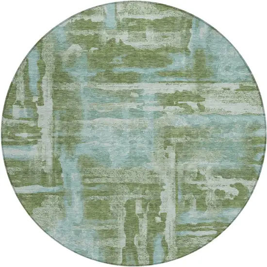 8' Fern Green And Sky Blue Round Abstract Washable Indoor Outdoor Area Rug Photo 4