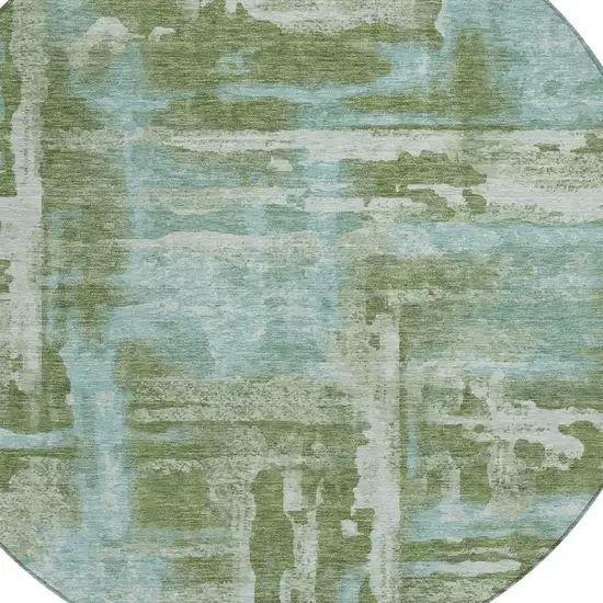 8' Fern Green And Sky Blue Round Abstract Washable Indoor Outdoor Area Rug Photo 8