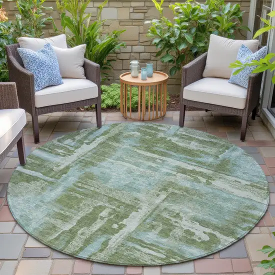 8' Fern Green And Sky Blue Round Abstract Washable Indoor Outdoor Area Rug Photo 6