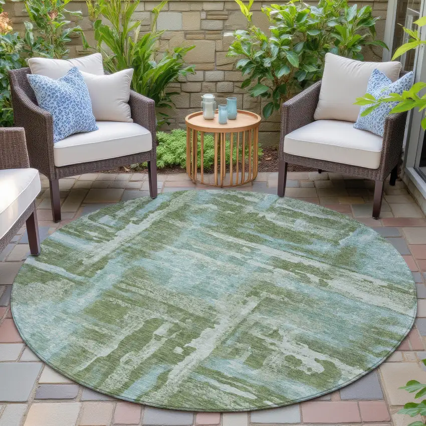 8' Fern Green And Sky Blue Round Abstract Washable Indoor Outdoor Area Rug Photo 6
