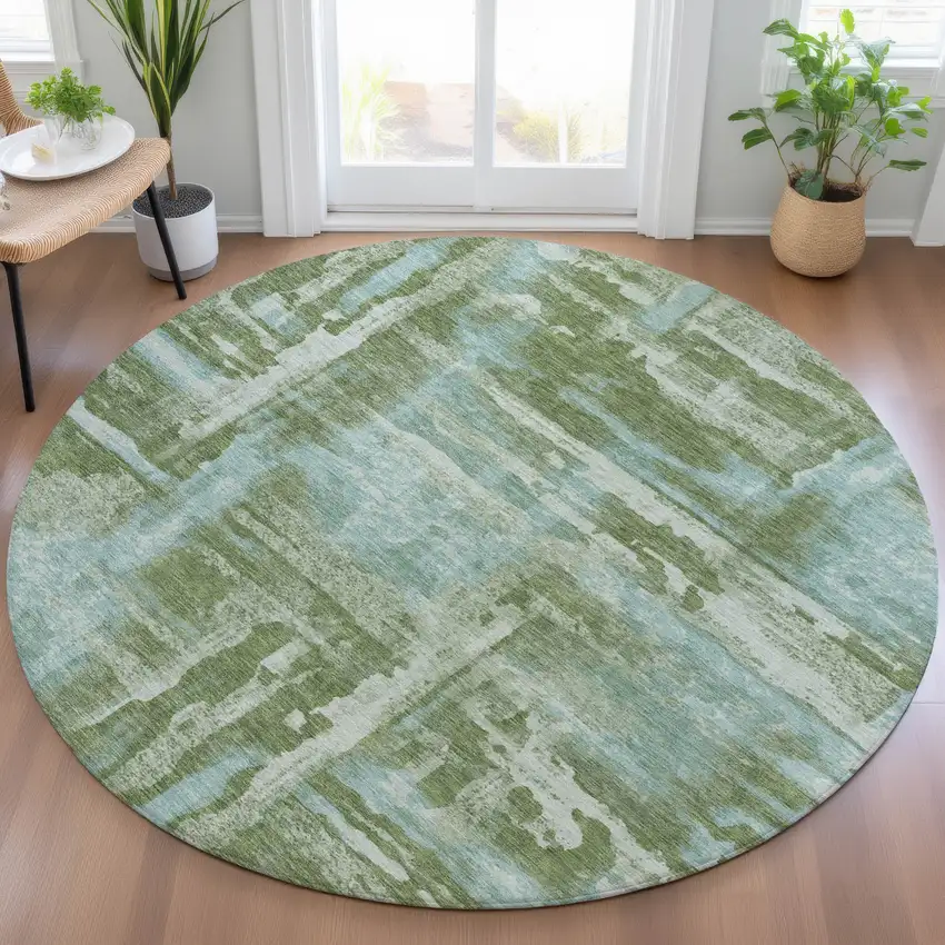 8' Fern Green And Sky Blue Round Abstract Washable Indoor Outdoor Area Rug Photo 5