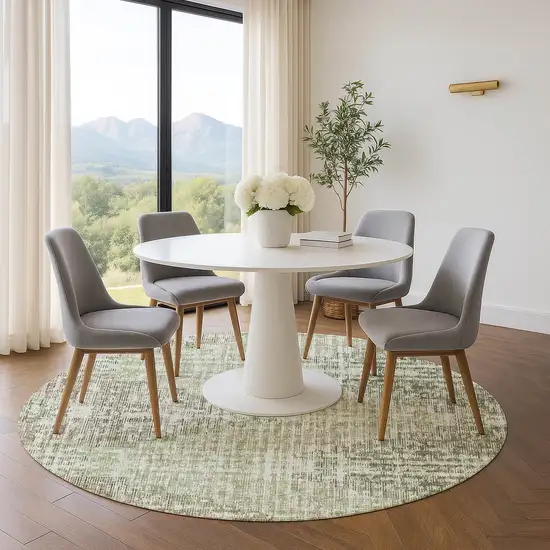 8' Fern Green And Taupe Geometric Washable Round Rug With UV Protection Photo 5
