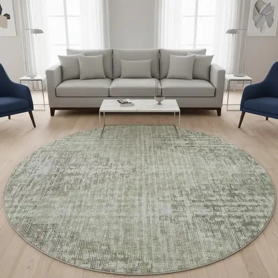 8' Fern Green And Taupe Geometric Washable Round Rug With UV Protection Photo 2