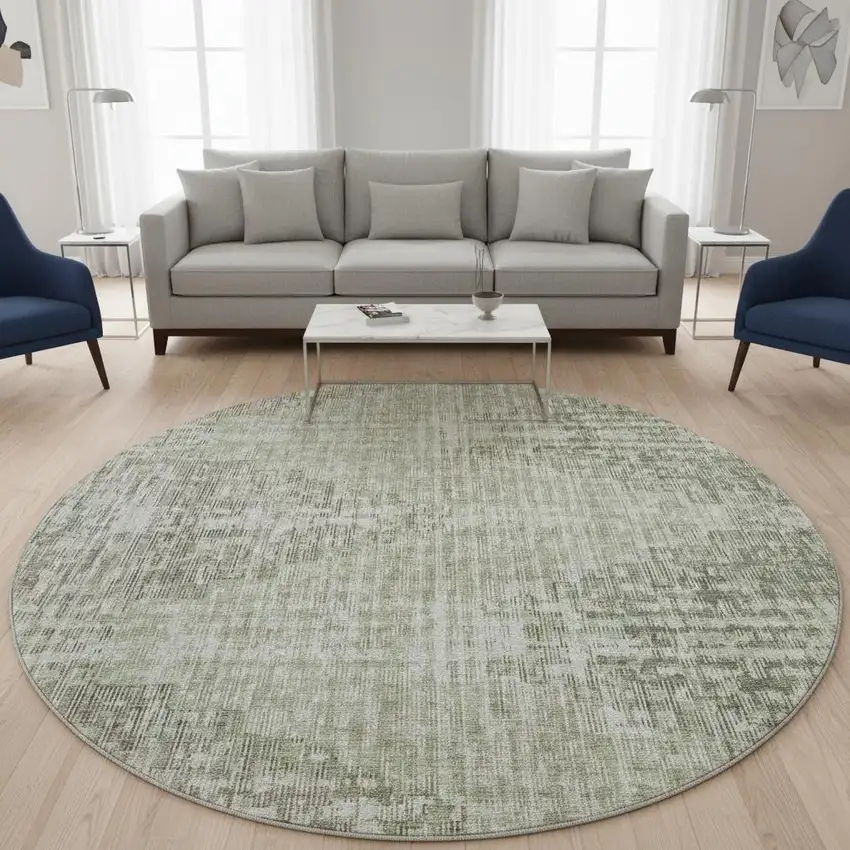 8' Fern Green And Taupe Geometric Washable Round Rug With UV Protection Photo 2