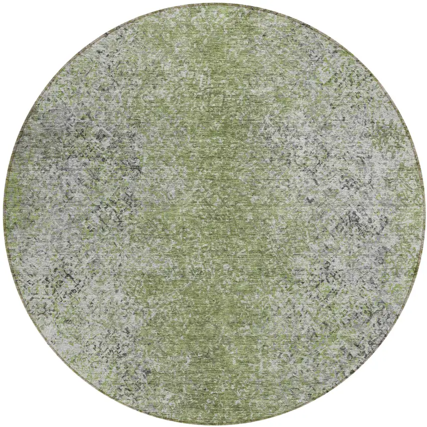 8' Fern Green Artichoke Green And Ivory Round Oriental Washable Indoor Outdoor Area Rug Photo 2