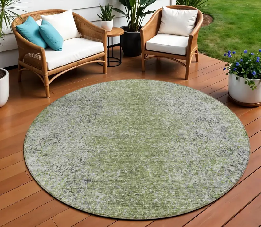 8' Fern Green Artichoke Green And Ivory Round Oriental Washable Indoor Outdoor Area Rug Photo 1