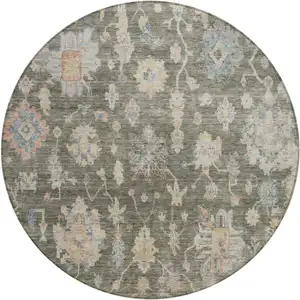 Photo of 8' Fern Green Beige And Blue Round Floral Washable Indoor Outdoor Area Rug