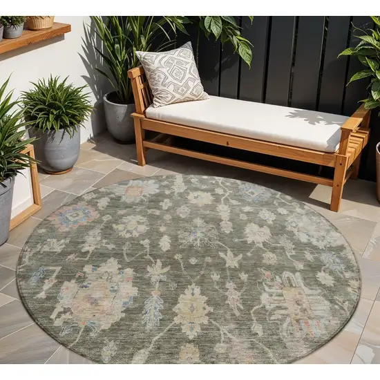 8' Fern Green Beige And Blue Round Floral Washable Indoor Outdoor Area Rug Photo 1