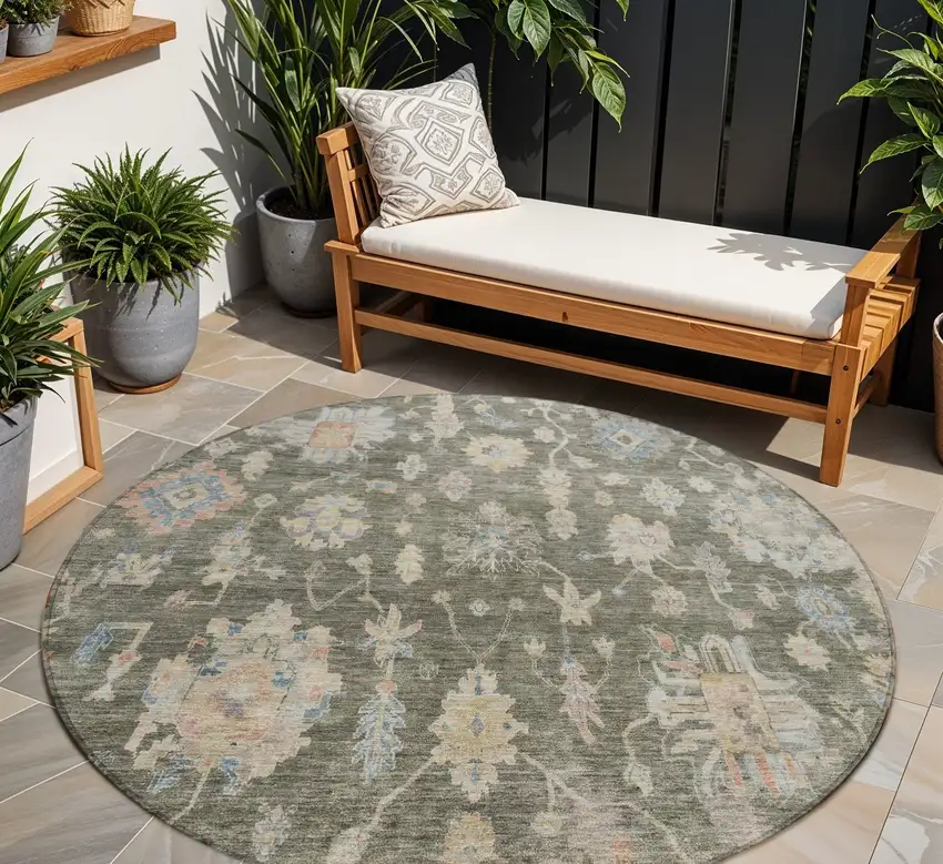 8' Fern Green Beige And Blue Round Floral Washable Indoor Outdoor Area Rug Photo 1