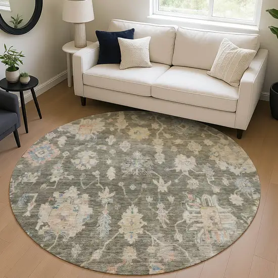 8' Fern Green Beige And Blue Round Floral Washable Indoor Outdoor Area Rug Photo 5
