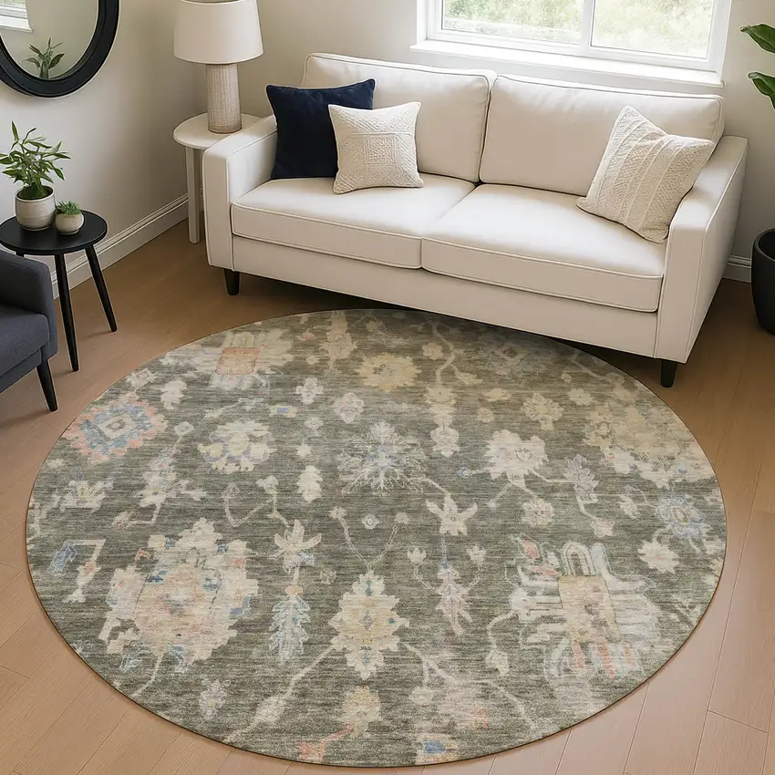 8' Fern Green Beige And Blue Round Floral Washable Indoor Outdoor Area Rug Photo 5