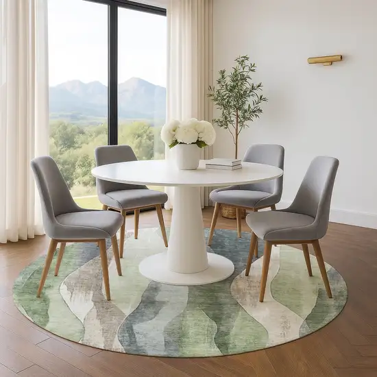 8' Fern Green Beige And Gray Abstract Washable Round Rug With UV Protection Photo 5