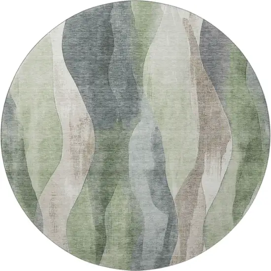 8' Fern Green Beige And Gray Abstract Washable Round Rug With UV Protection Photo 4