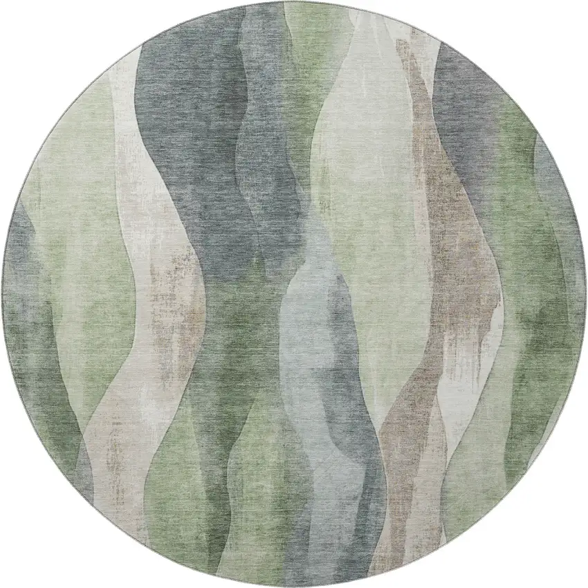 8' Fern Green Beige And Gray Abstract Washable Round Rug With UV Protection Photo 4