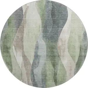 Photo of 8' Fern Green Beige And Gray Abstract Washable Round Rug With UV Protection