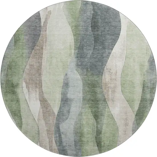 8' Fern Green Beige And Gray Abstract Washable Round Rug With UV Protection Photo 1