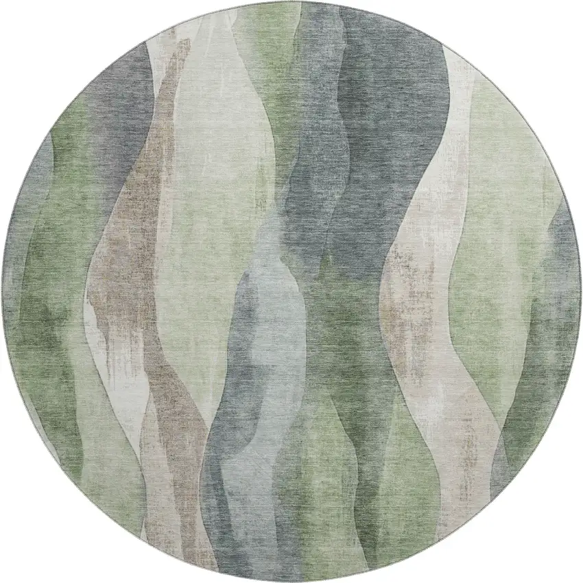 8' Fern Green Beige And Gray Abstract Washable Round Rug With UV Protection Photo 1