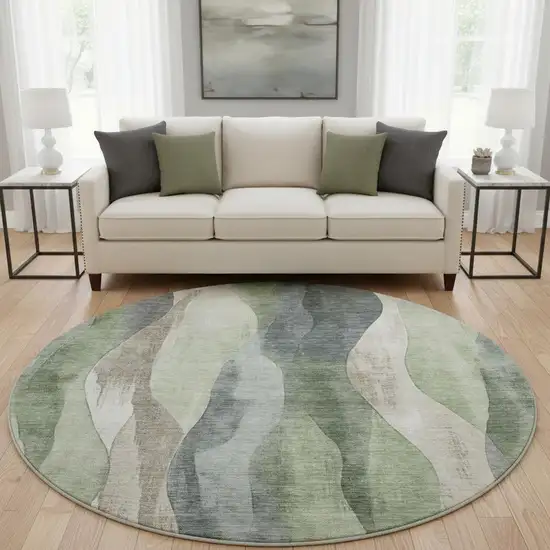 8' Fern Green Beige And Gray Abstract Washable Round Rug With UV Protection Photo 2