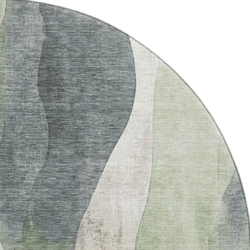 8' Fern Green Beige And Gray Abstract Washable Round Rug With UV Protection Photo 3
