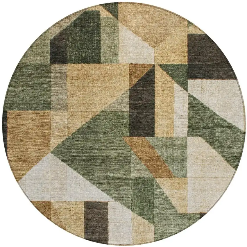 8' Fern Green Beige And Ivory Round Geometric Washable Indoor Outdoor Area Rug Photo 3