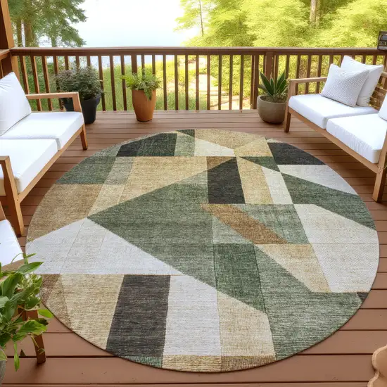 8' Fern Green Beige And Ivory Round Geometric Washable Indoor Outdoor Area Rug Photo 4