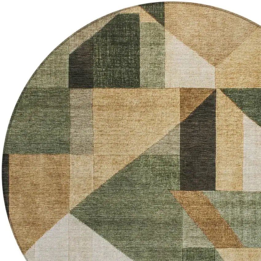 8' Fern Green Beige And Ivory Round Geometric Washable Indoor Outdoor Area Rug Photo 2