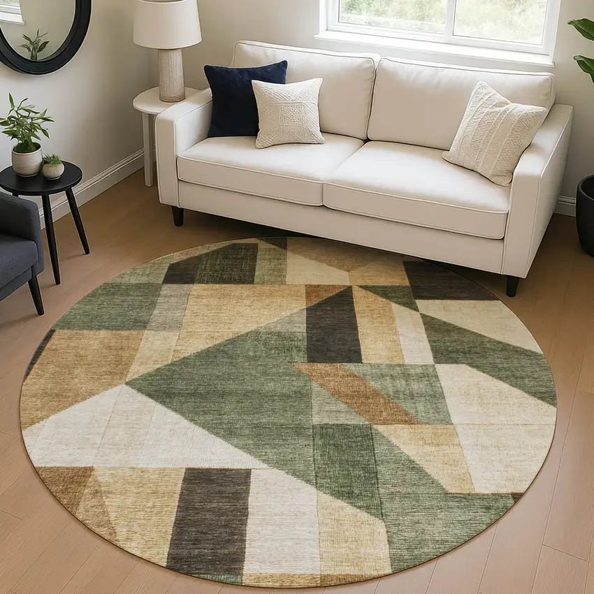 8' Fern Green Beige And Ivory Round Geometric Washable Indoor Outdoor Area Rug Photo 5