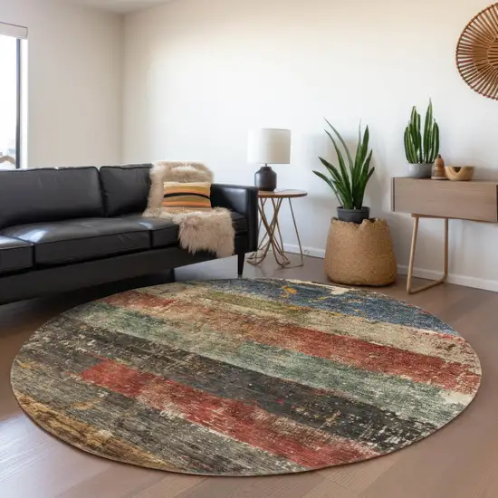8' Fern Green Black And Terra Cotta Round Striped Washable Indoor Outdoor Area Rug Photo 7