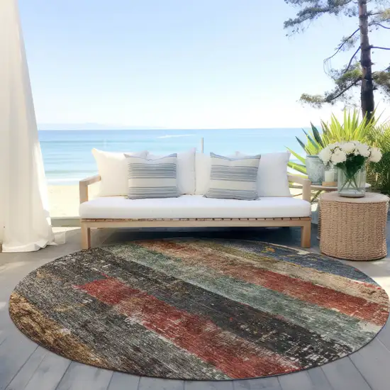 8' Fern Green Black And Terra Cotta Round Striped Washable Indoor Outdoor Area Rug Photo 6