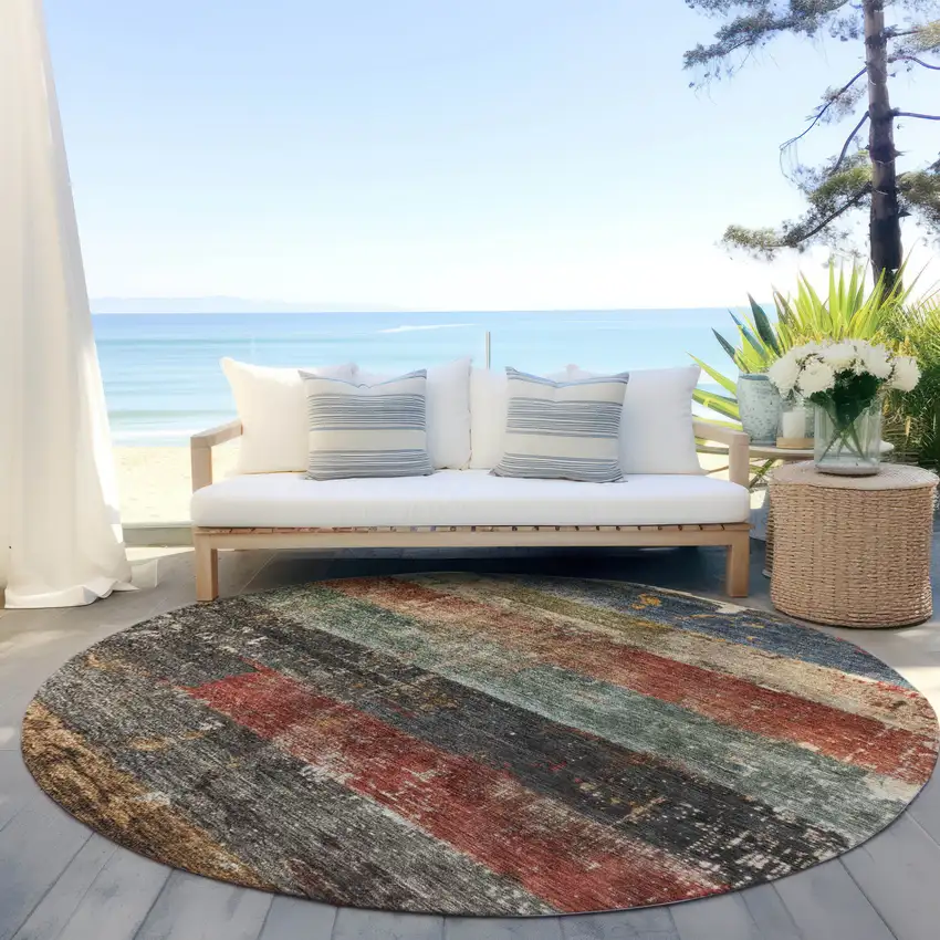 8' Fern Green Black And Terra Cotta Round Striped Washable Indoor Outdoor Area Rug Photo 6