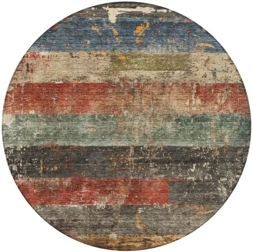 8' Fern Green Black And Terra Cotta Round Striped Washable Indoor Outdoor Area Rug Photo 5