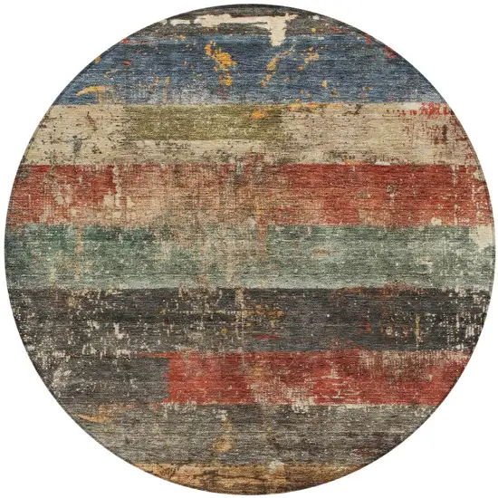 8' Fern Green Black And Terra Cotta Round Striped Washable Indoor Outdoor Area Rug Photo 4