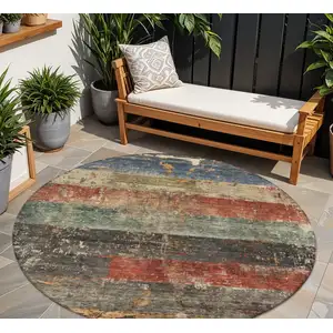 Photo of 8' Fern Green Black And Terra Cotta Round Striped Washable Indoor Outdoor Area Rug