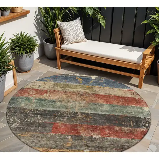 8' Fern Green Black And Terra Cotta Round Striped Washable Indoor Outdoor Area Rug Photo 1