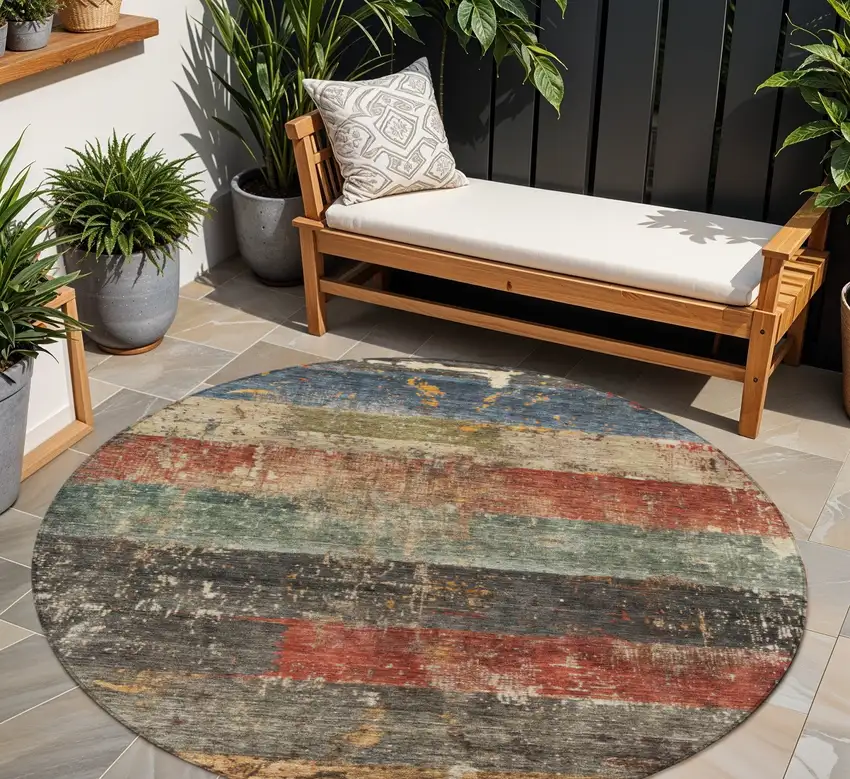 8' Fern Green Black And Terra Cotta Round Striped Washable Indoor Outdoor Area Rug Photo 1