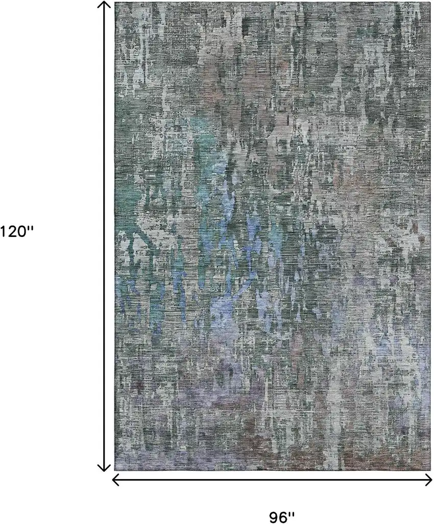 8' Fern Green Blue And Beige Abstract Washable Area Rug With UV Protection Photo 6