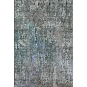 Photo of 8' Fern Green Blue And Beige Abstract Washable Area Rug With UV Protection
