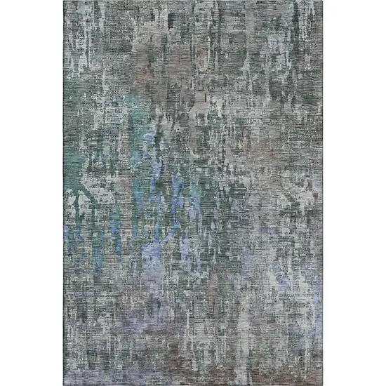 8' Fern Green Blue And Beige Abstract Washable Area Rug With UV Protection Photo 1