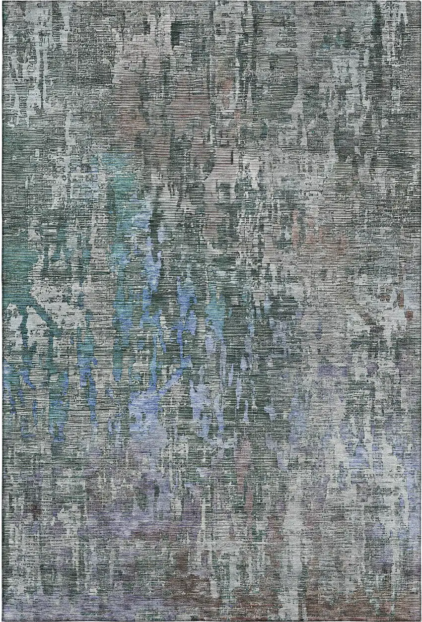 8' Fern Green Blue And Beige Abstract Washable Area Rug With UV Protection Photo 1