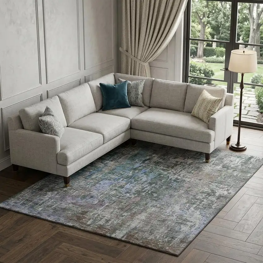8' Fern Green Blue And Beige Abstract Washable Area Rug With UV Protection Photo 1