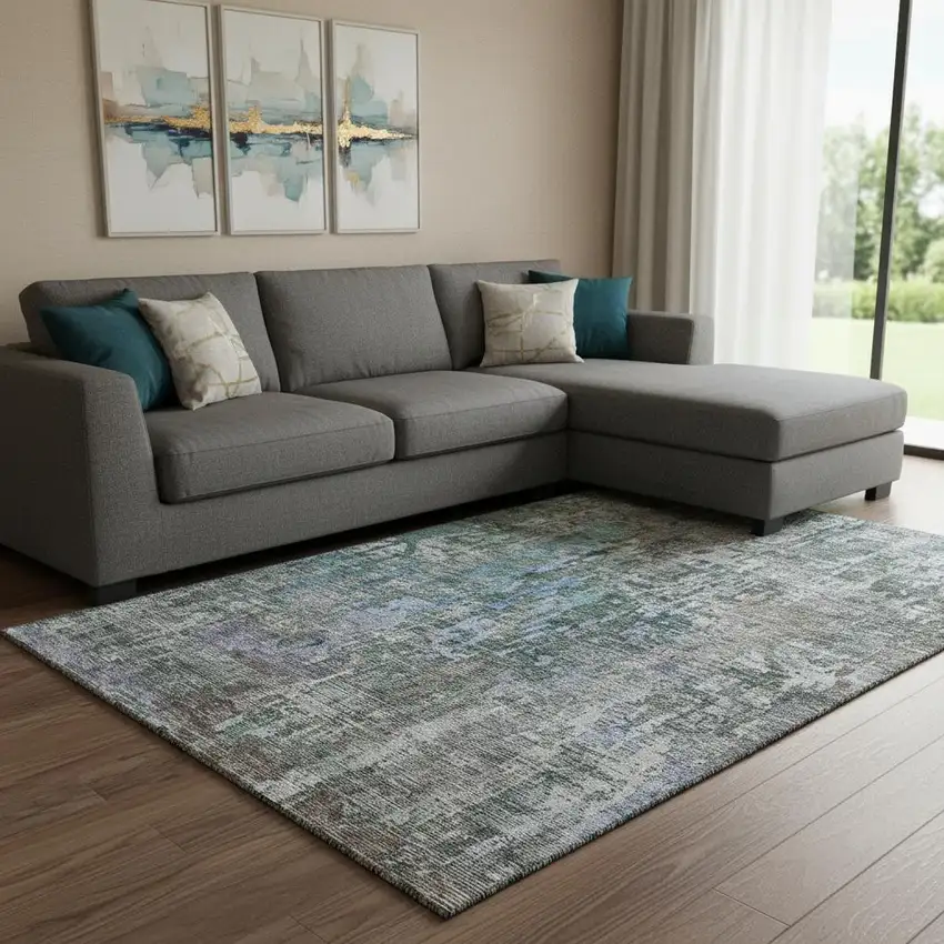 8' Fern Green Blue And Beige Abstract Washable Area Rug With UV Protection Photo 2