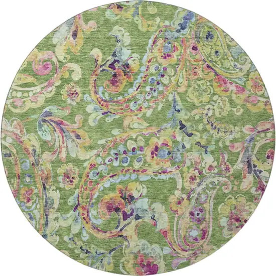 8' Fern Green Blue And Pink Paisley Washable Round Rug With UV Protection Photo 4